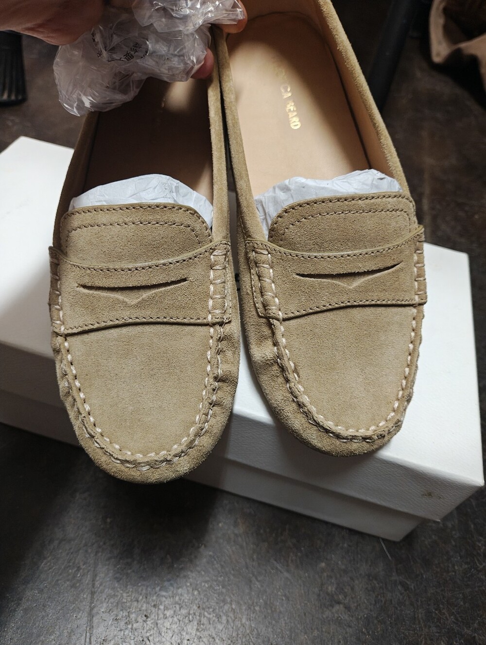 Veronica Beard Taupe Suede Penny Loafers